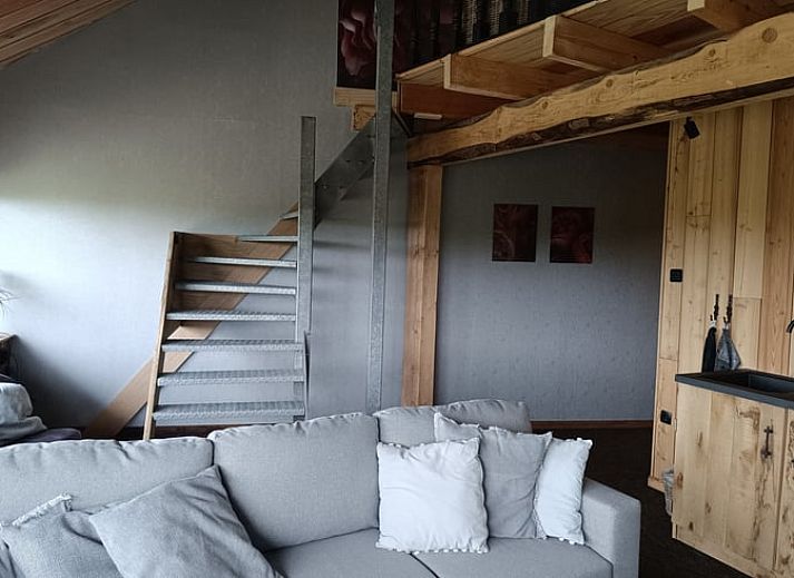 Gezellige woonkamer in vakantiehuis Ruinerwold, Drenthe met comfortabele zithoek en houten elementen.