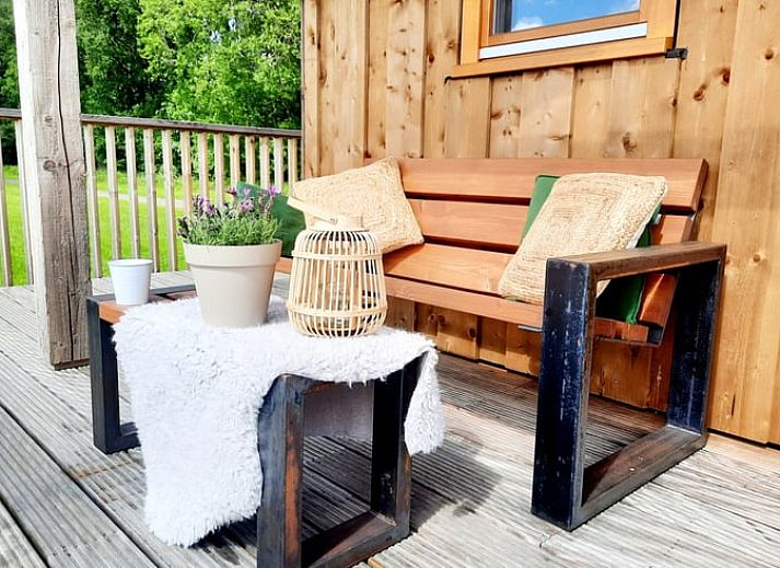 Geniessen Sie den Sonnenuntergang von der Veranda des Ferienhauses in Ruinerwold, umgeben von der Natur von Sued-West-Drenthe, Drenthe.