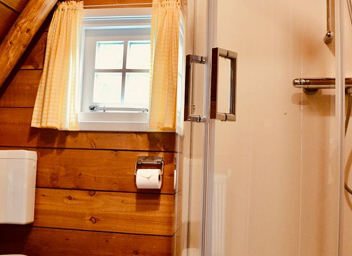 Gemuetliches Wohnzimmer im Ferienhaus in Ruinerwold, Drenthe mit Holzinterieur und bequemer Sitzecke.