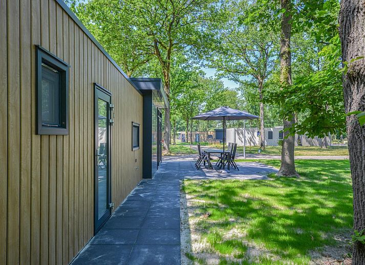 Comfortabele woonkamer van Drenthelodge | Berging | 6 Pers in Zorgvlied, Zuidwest Drenthe, met uitzicht op het terras.