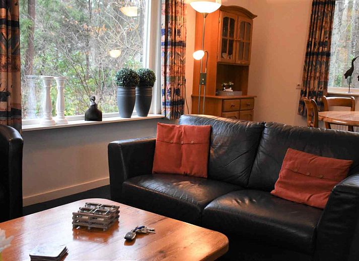 Gemuetliches Wohnzimmer des Ferienhauses DG011 in Zorgvlied, Drenthe mit bequemen Stuehlen.