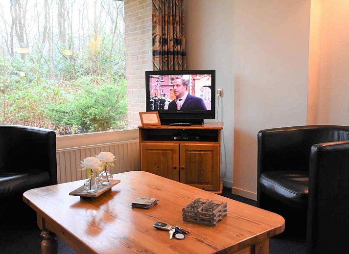 Gemuetliches Wohnzimmer des Ferienhauses DG011 in Zorgvlied, Drenthe mit bequemen Stuehlen.