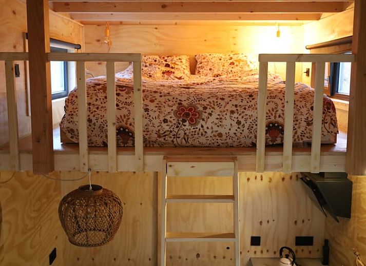 Terrasse des Ferienhauses in Vledder, Drenthe, mit Blick auf den Sonnenuntergang und die gruene Umgebung.