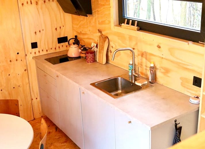 Terrasse des Ferienhauses in Vledder, Drenthe, mit Blick auf den Sonnenuntergang und die gruene Umgebung.