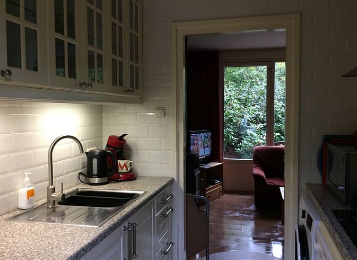 Gemuetliches Wohnzimmer des Ferienhauses in Wateren, Westerveld, mit Blick auf die Natur in Drenthe.