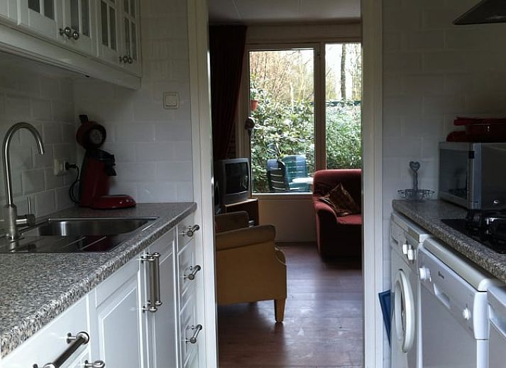 Gemuetliches Wohnzimmer des Ferienhauses in Wateren, Westerveld, mit Blick auf die Natur in Drenthe.