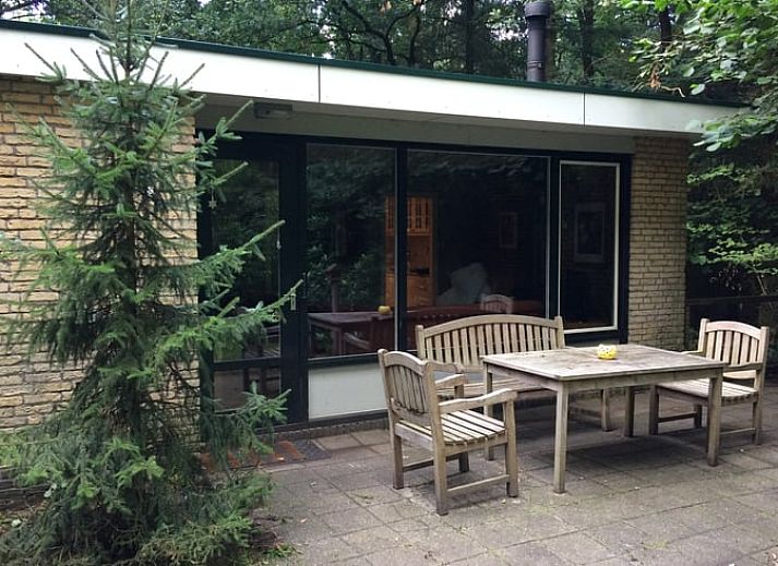 Gemuetliches Wohnzimmer des Ferienhauses in Wateren, Westerveld, mit Blick auf die Natur in Drenthe.