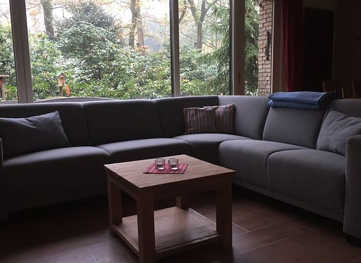 Gemuetliches Wohnzimmer des Ferienhauses in Wateren, Westerveld, mit Blick auf die Natur in Drenthe.