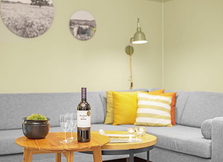 Modernes Wohnzimmer in Hunerwold State, 4-Personen-Bungalow 4L, Wateren, Drenthe mit stilvoller Einrichtung.