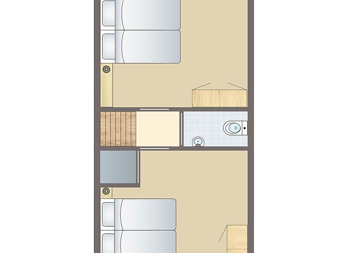 Vorderansicht des 6-Personen-Bungalows 6C von Hunerwold State in Wateren, Suedwest-Drenthe, umgeben von Gruen.