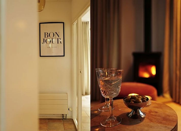 Gemuetliches Wohnzimmer mit Kamin im Ferienhaus in Wateren, Westerveld, Drenthe fuer einen gemuetlichen Urlaub.