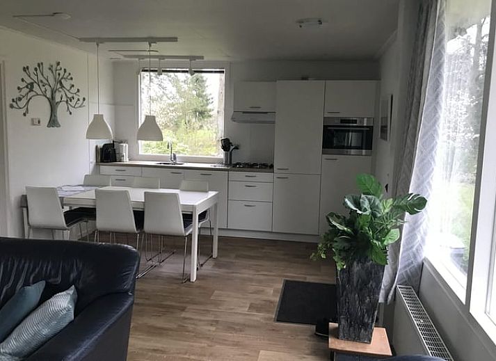 Sonniger Garten am Ferienhaus in Wittelte, Suedwest-Drenthe, mit schoener Aussicht auf die Felder.