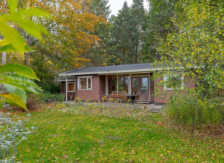 Sunny garden of Huisje in Koekange, vacation home in Southwest Drenthe, with patio chairs and flowers.