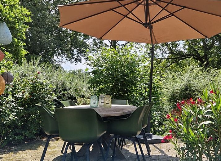 Panoramablick vom Wohnzimmer des Ferienhauses in Uffelte, Suedwest-Drenthe, mit viel natuerlichem Licht.