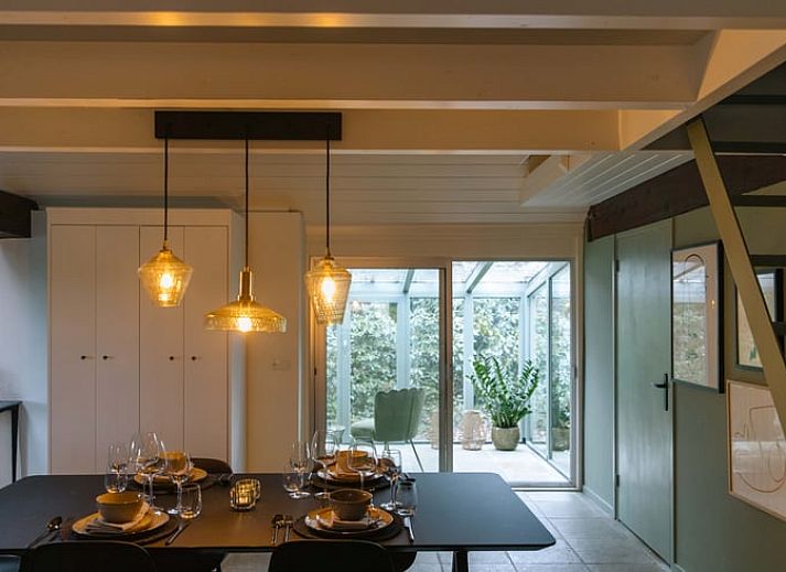 Gezellig terras bij Vakantiehuis in Uffelte, Zuidwest Drenthe, met rieten dak en groene omgeving.