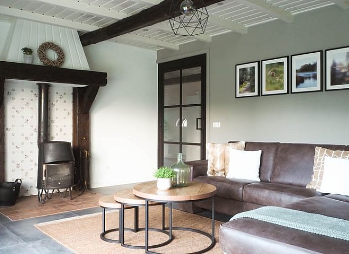 Gemuetliche Sitzecke im Freien am Ferienhaus in Uffelte, Suedwest-Drenthe, mit Picknicktisch und Stuehlen.