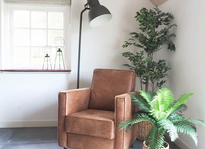 Gemuetliche Sitzecke im Freien am Ferienhaus in Uffelte, Suedwest-Drenthe, mit Picknicktisch und Stuehlen.