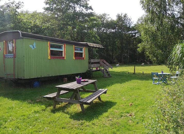 Sfeervolle illustratie bij vakantiehuis in Elim, Drenthe, met een stenen poort en kronkelend pad.