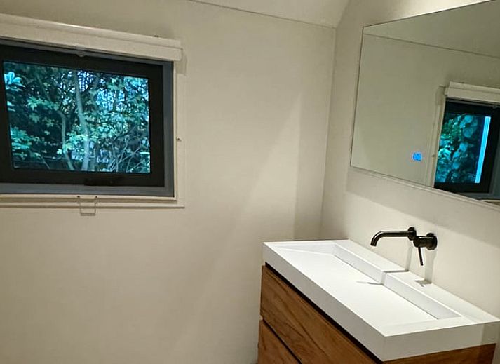 Gruener Garten am Ferienhaus in Ansen, Suedwest-Drenthe, mit Vogeltraenke.