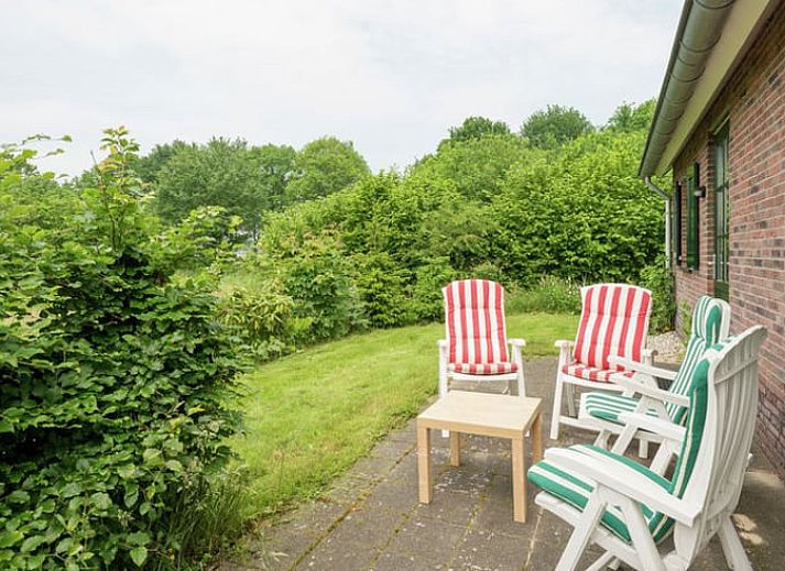 Blick von der Terrasse des Ferienhauses in Hollandscheveld, mit gruenen Feldern im Suedwesten von Drenthe.