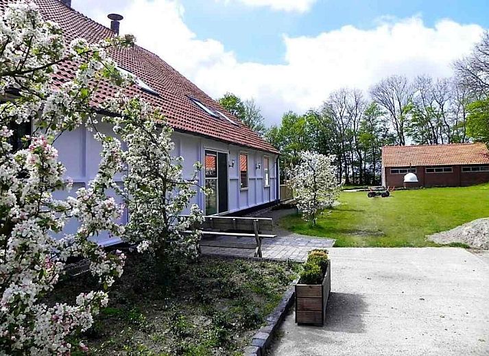 OV150 Ferienhaus in Marknesse, Flevoland mit schoenem Garten und bluehenden Baeumen.