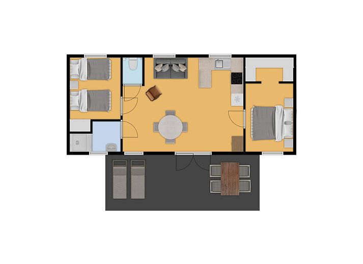 Gezellige eetruimte in Chalet de Krooneend, stacaravan in Zeewolde, Flevoland, met moderne inrichting en uitzicht op het terras.