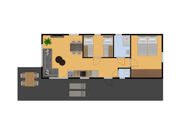 Cozy living room in Mobil Home de Bever, a mobile home in Zeewolde, Flevoland, with modern furnishings and comfortable seating area.