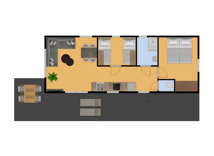 Cozy interior of Mobil Home de Bever in Zeewolde, Southern Flevoland. Comfortable mobile home with modern kitchen and spacious sitting area.