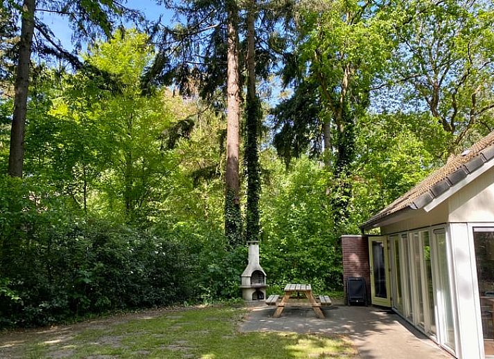 Moderne keuken in Huisje in Oudemirdum, vakantiehuis in Friese bossen, Friesland met uitzicht op groen.