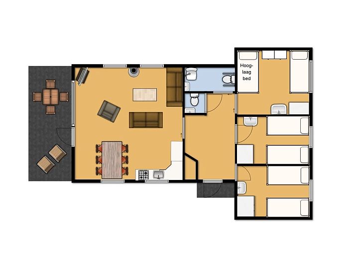 Gezellige woonkamer van Aangepaste bungalow de Dobbe in Appelscha, Friesland met moderne keuken en comfortabele zithoek.