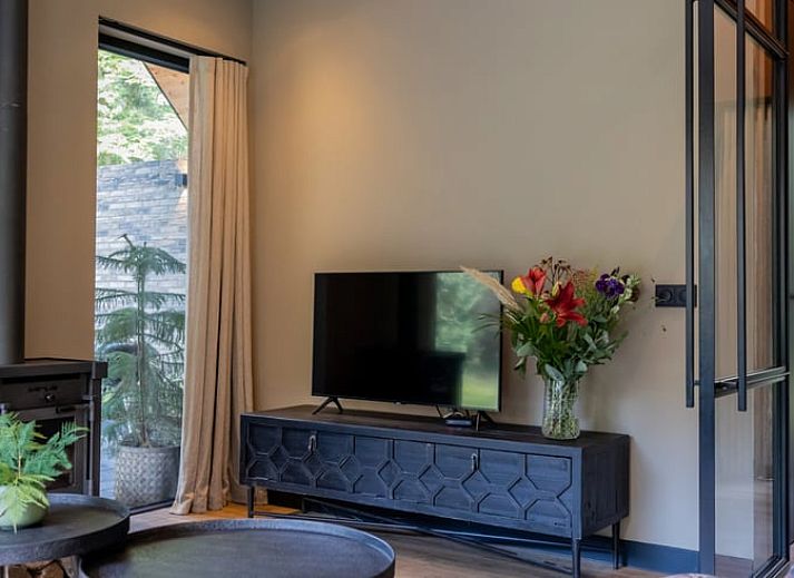 Relax on the porch of Huisje in Appelscha, a vacation home in the Frisian woods, Friesland, with a view of nature.