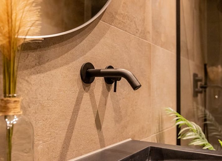 Stylish living room of a cottage in Appelscha, vacation home in the Frisian forests, Friesland, with modern furnishings and art on the walls.