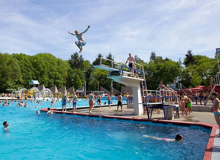Cozy living room of Huisje in Appelscha, vacation home in the Frisian forests of Friesland, with a view of the green garden and modern interior.