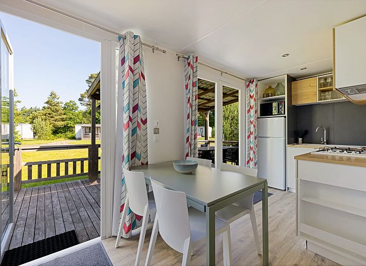 Ruim terras van Mobil home de Libelle in de Friese bossen, ideaal voor buitenmaaltijden.