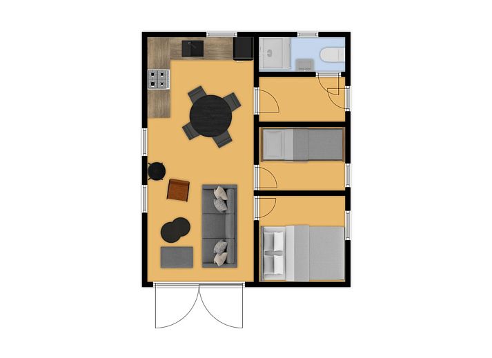 Gemuetliches Wohnzimmer von Bungalow het Goudhaantje in Appelscha, Friesland, mit Blick auf die friesischen Waelder und einer komfortablen Sitzecke.