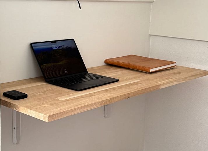 Vorderseite des Ferienhauses in Sondel mit Sonnenschirm in den friesischen Waeldern von Friesland.