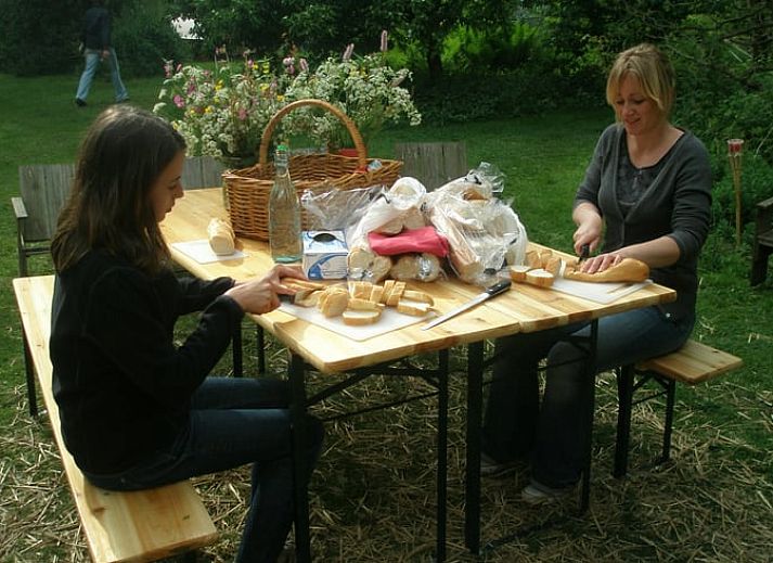 Gezelschap geniet van de tuin bij Vakantiehuisje in Boijl, een oase van rust in Friesland.