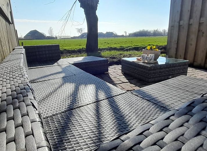 Kleurrijke bloemen en een kippenren sieren de tuin van Vakantiehuisje in Sneek, Friesland.