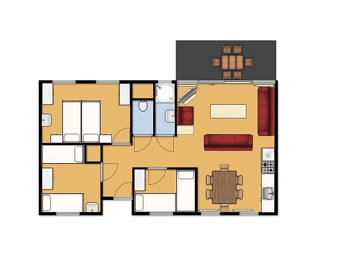 Veranda des Bungalows de Valk in Offingawier mit Blick auf die Natur und das Sneekermeer, ideal zum Entspannen.