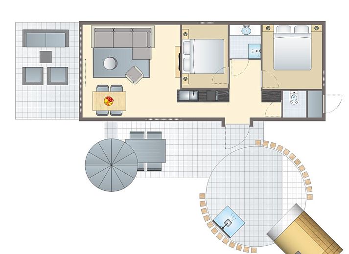 Plattegrond van 4-persoons wellness lodge | 4B3 in Oudehaske, gelegen op het Friese platteland, Friesland. Comfortabele indeling met terras en jacuzzi.