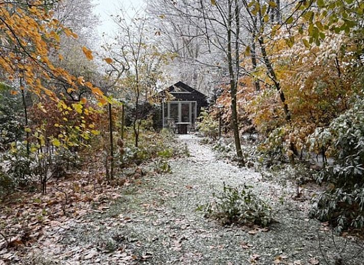 Moderne Sitzecke im Ferienhaus in Makkinga mit Blick auf die gruene Umgebung von Friesland.
