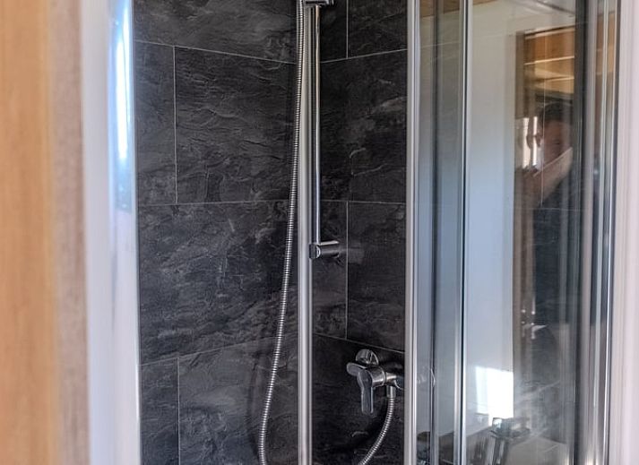 Houten exterieur van Vakantiehuis in Scherpenzeel, omringd door groen in Friesland.