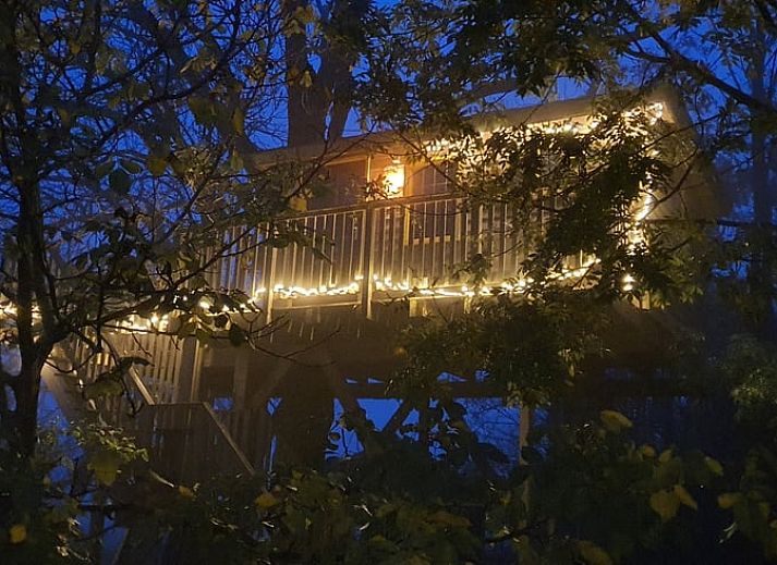 Ferienhaus in Easterein mit Baumhaus und Beschilderung in einem bewaldeten Gebiet in Friesland.