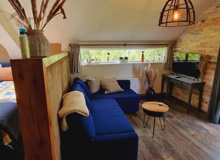 Cozy terrace at Holiday home in Bantega, Friesland, overlooking the countryside at sunset.