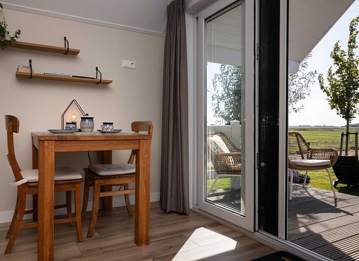 Tuin van Huisje in Greonterp met ligstoelen en grazende koeien, Friesland.