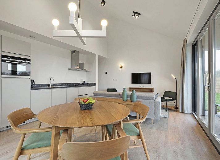 Gezellige woonkamer in 4-persoons woning 4L, Witmarsum, met uitzicht op het Friese platteland en comfortabele inrichting.