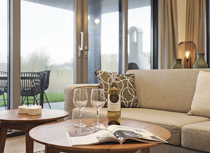Stijlvolle zithoek in 4-persoons woning 4L, Witmarsum, met wijn en glazen, perfect voor ontspanning op het Friese platteland.