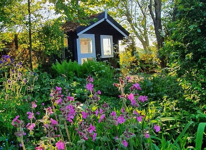 Charmante gevel van Vakantiehuisje in Munnekeburen, Friesland met groene luifel en bakstenen details.