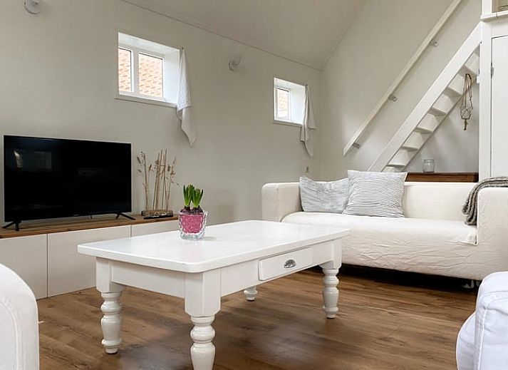 Lichte woonkamer van Huisje in Loenga met moderne inrichting op het Friese platteland.