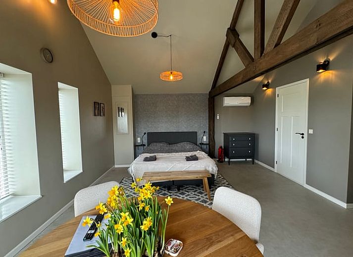 Vakantiehuis in Sexbierum op het Friese platteland met houten omheining en zonnepanelen op het dak.